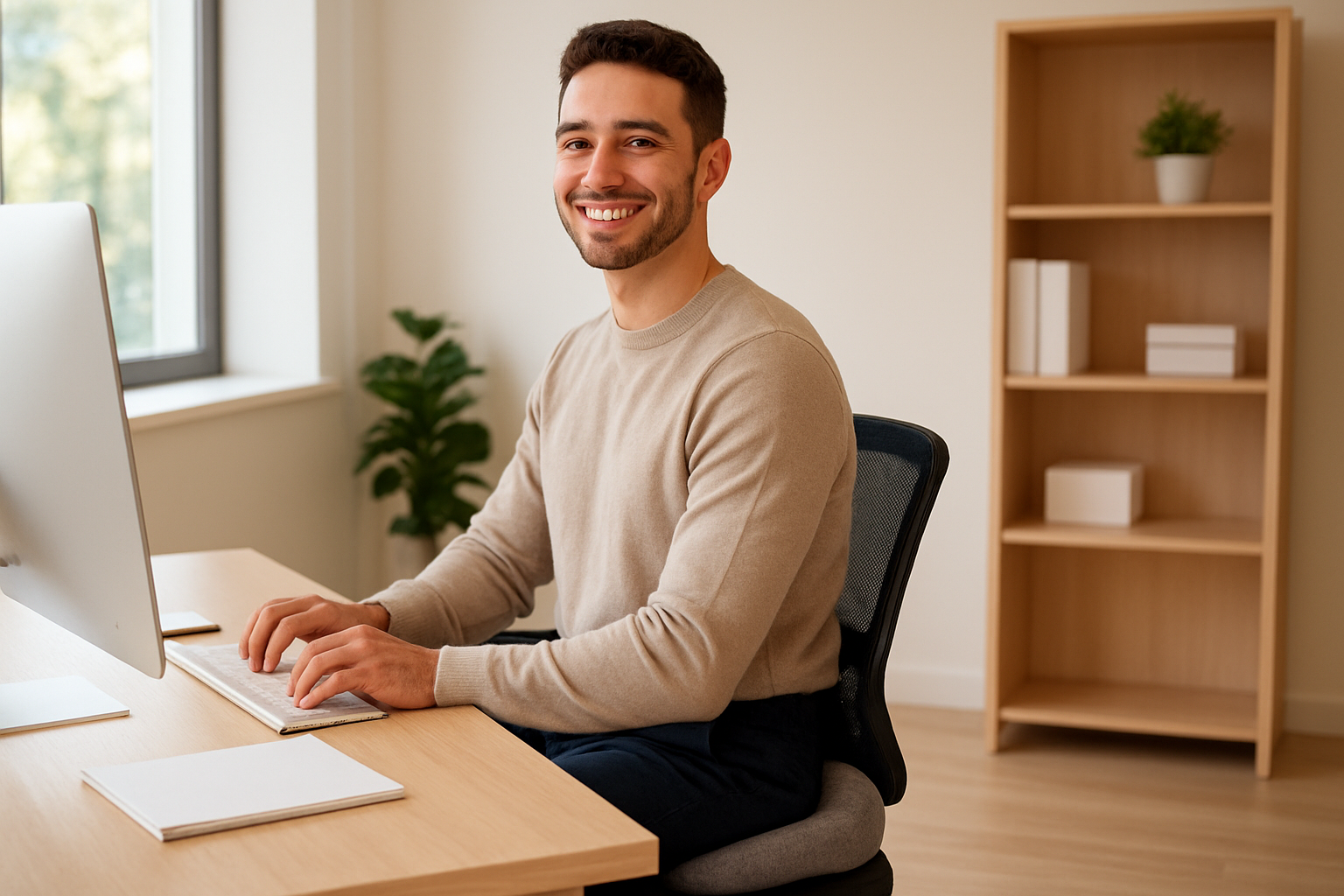 une personne souriante installée à un bureau lumineux, assise sur un coussin ergonomique, posture droite et détendue.
